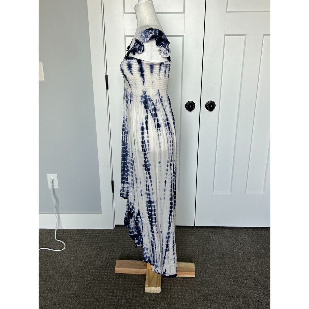 AVIYA Tie-Dye Blue and White Dress, Smocked Bodice, Flounce Sleeves, size M. - Picture 5 of 5